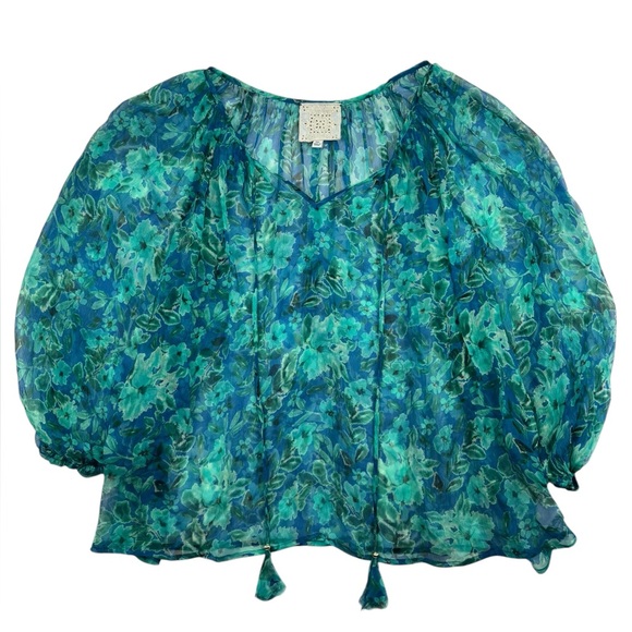 Johnny Was Jade 100% Silk Green Floral Peasant Blouse PXL